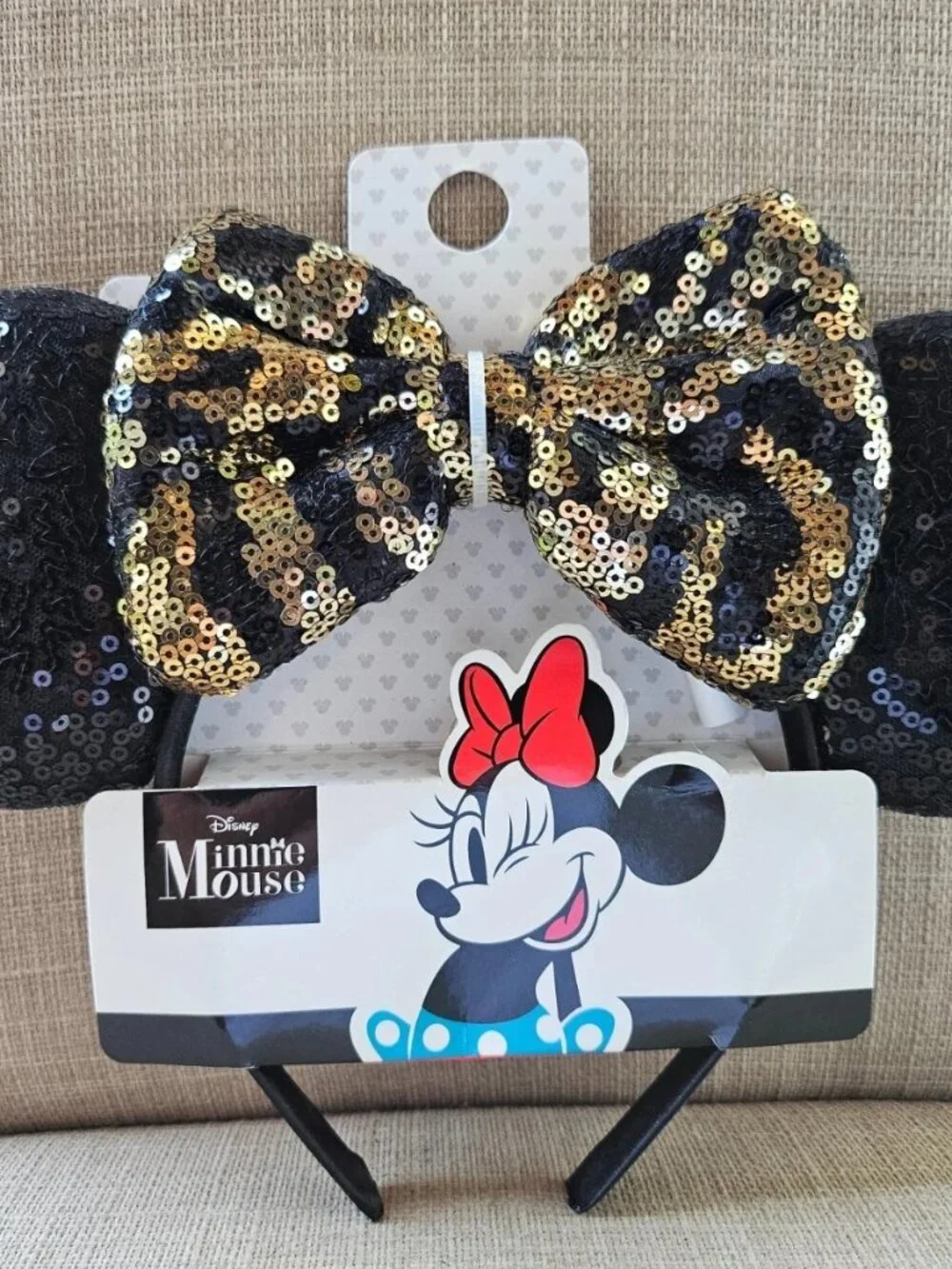 Disney Minnie Mouse Ear Headband Black/Gold Sequins BOW Hair Clip NWT